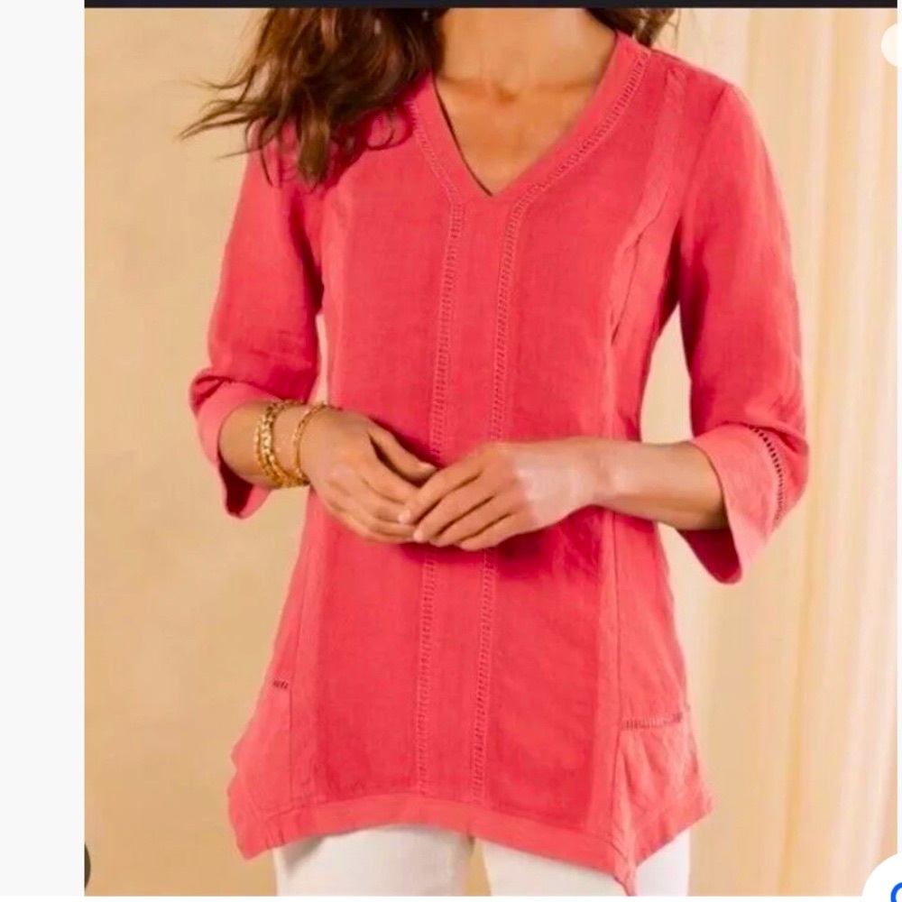 SOFT SURROUNDINGS Léonie Coral Tunic, 100% Linen Asymmetrical Hem Size M (10-12)